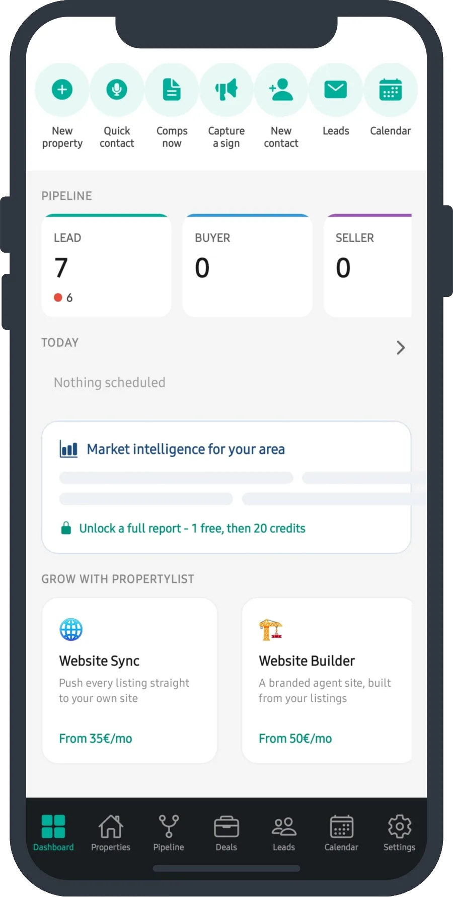 PropertyList app dashboard showing pipeline, market intelligence and growth tools