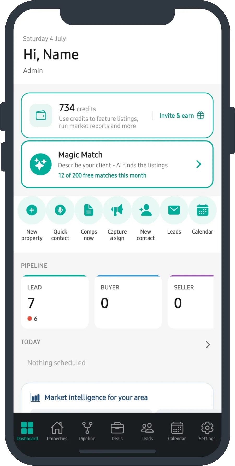 PropertyList app dashboard with credits, Magic Match and one-tap actions