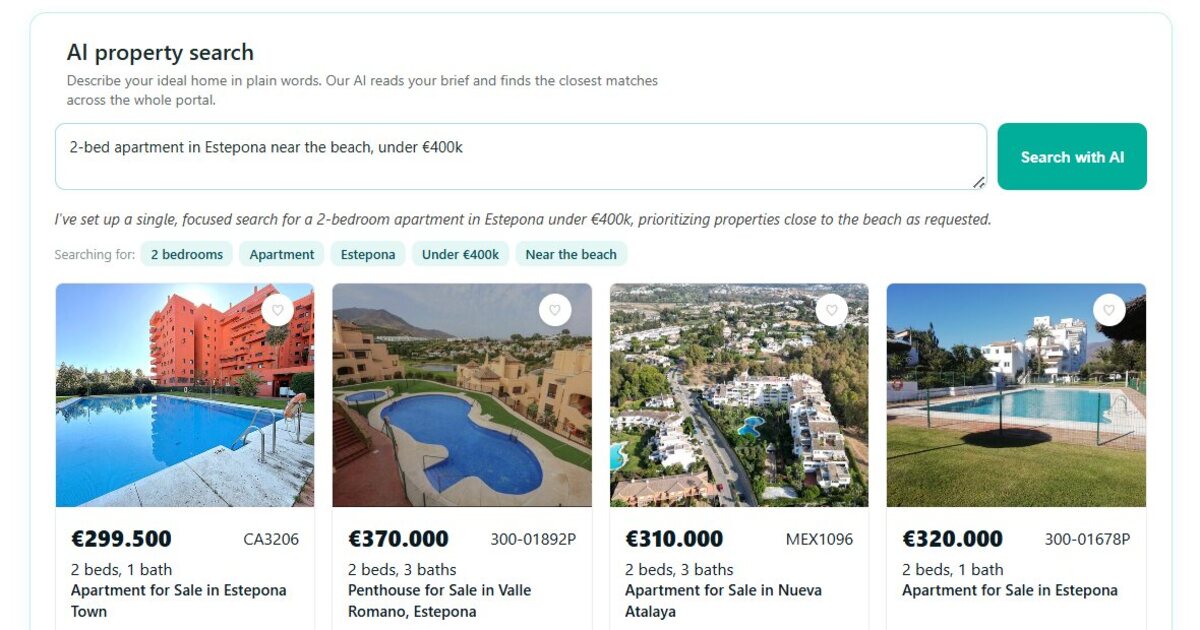 PropertyList AI property search results showing understood criteria as chips and matching apartments in Estepona