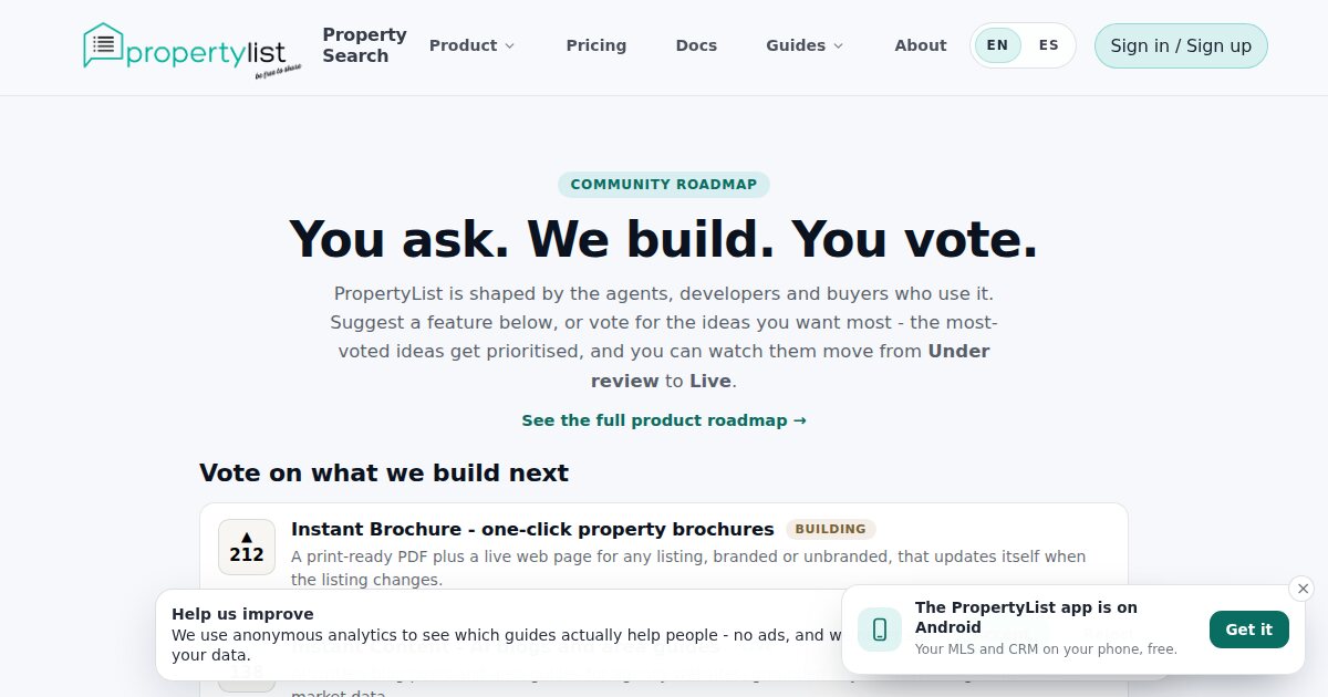 The PropertyList community feature board where anyone can vote on what gets built next