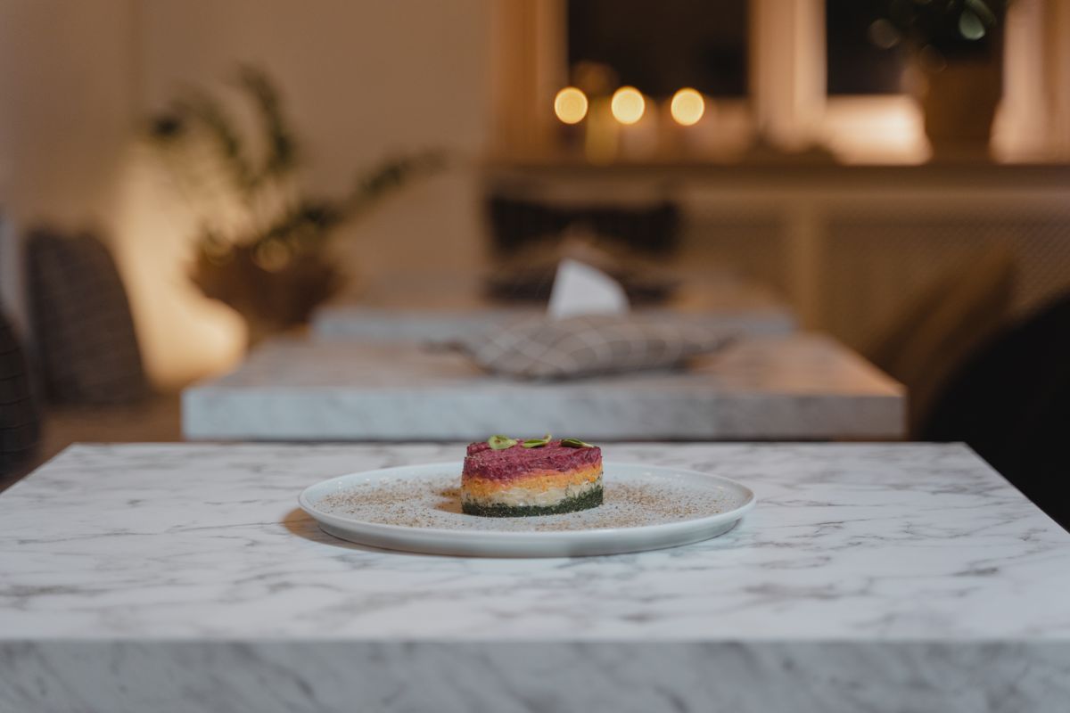 A fine-dining plated dish in a restaurant