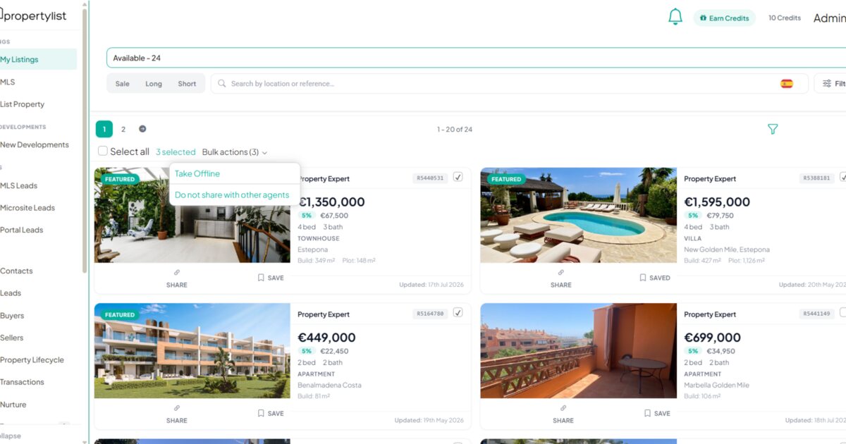 PropertyList My Listings page with properties selected and the bulk action Do not share with other agents