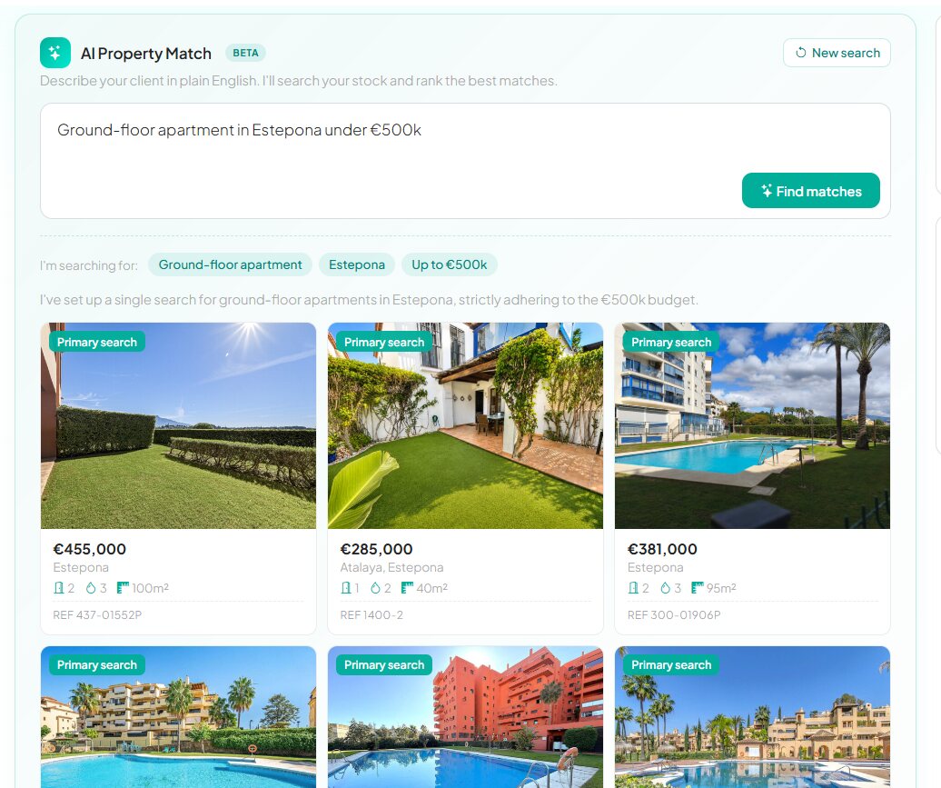 Resultados de AI Property Match con las etiquetas de lo entendido y los anuncios coincidentes del propio stock de la agencia