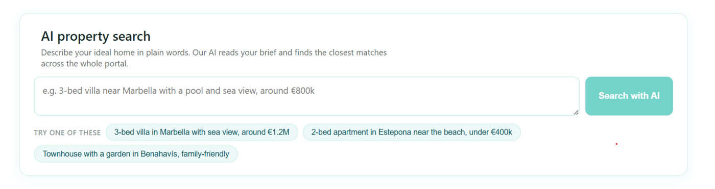 Caja de búsqueda con IA en el portal PropertyList: describe tu hogar ideal con tus palabras