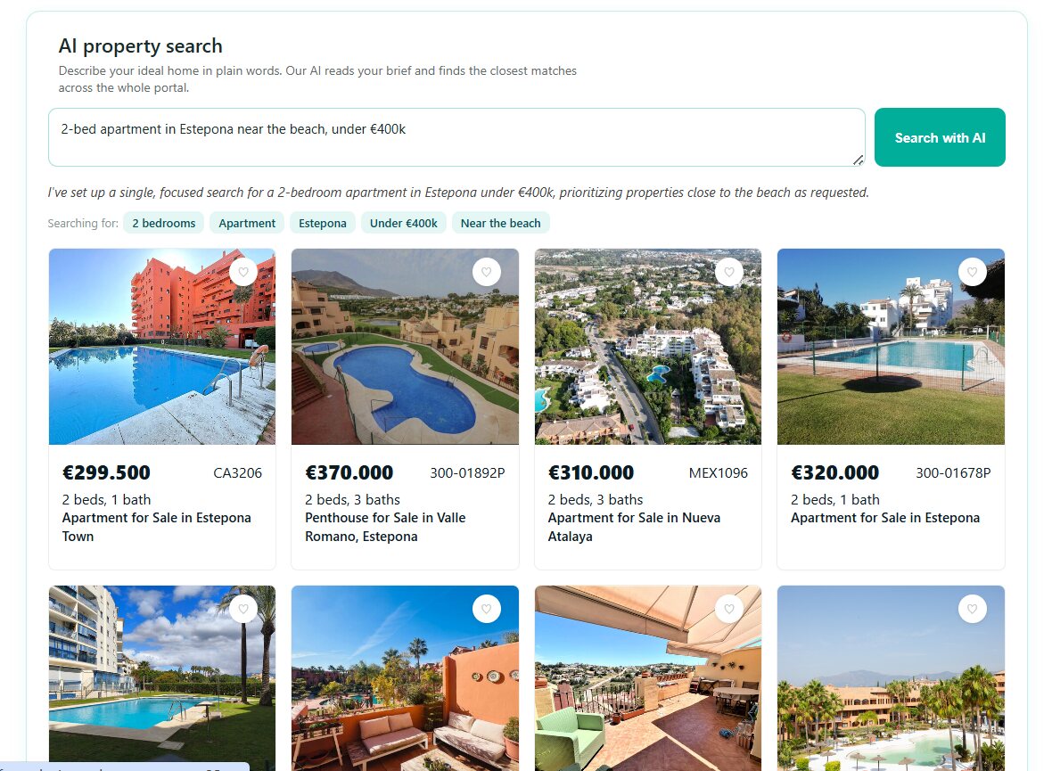 Resultados de la búsqueda con IA para un apartamento de 2 dormitorios en Estepona cerca de la playa por menos de 400.000 euros, con las etiquetas de lo entendido y los apartamentos coincidentes