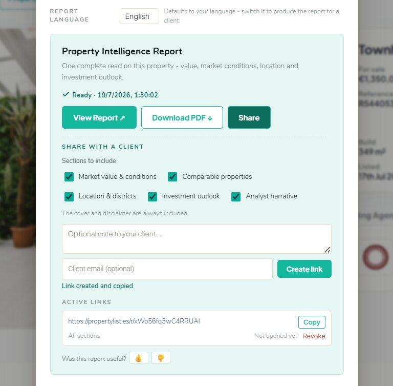 Selector de secciones, nota opcional, email del cliente y el enlace creado en Active links