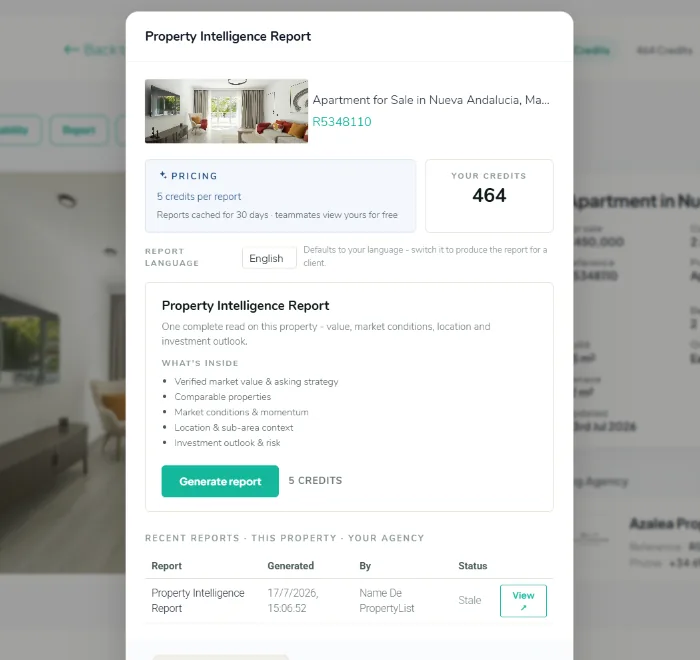 The generate panel showing 5 credits per report, the agency credit balance, the report language selector and what is inside the report