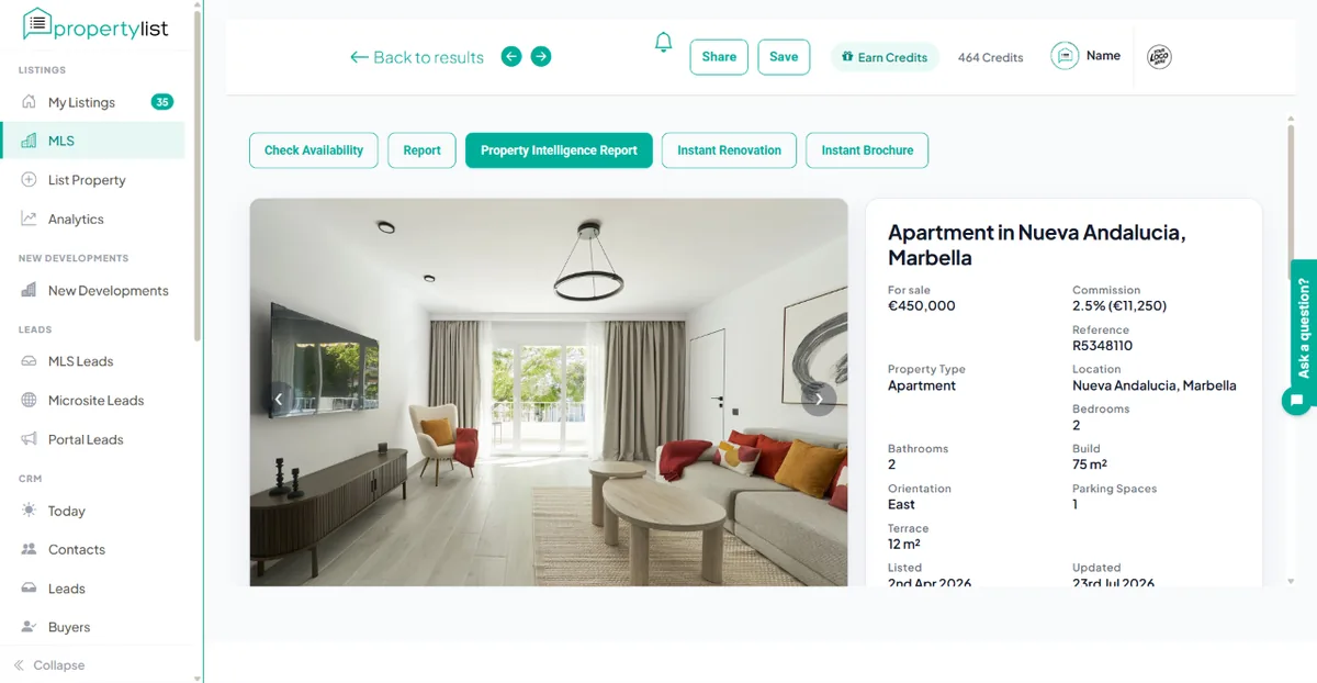 A listing open in the MLS with the Property Intelligence Report button in the action row above the property