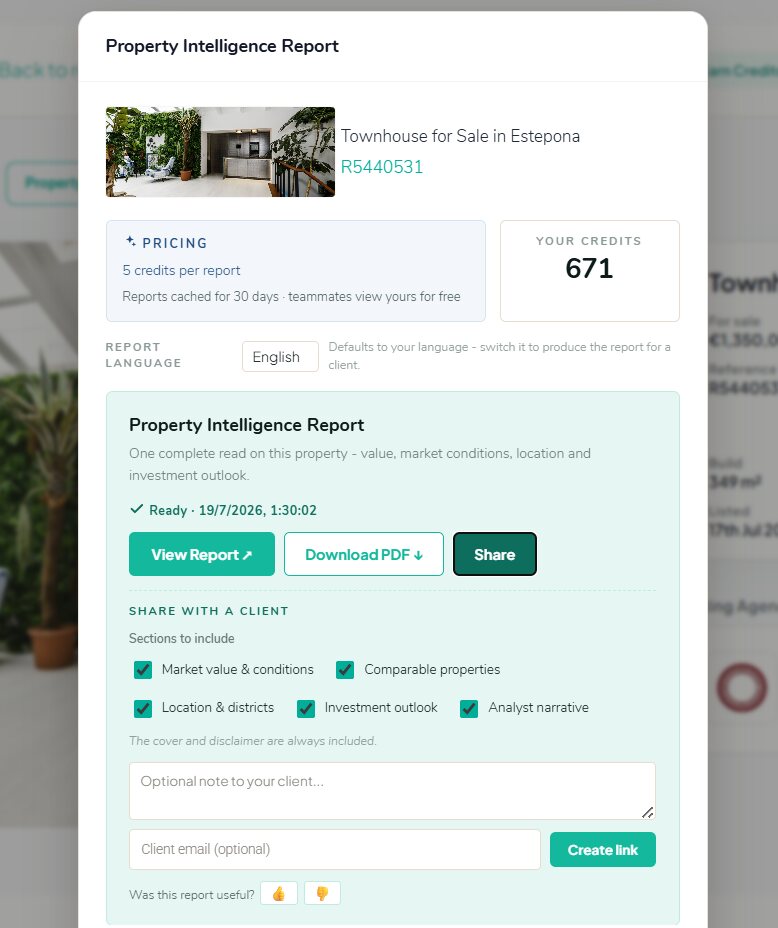 Un informe terminado con Ver, Descargar PDF y Compartir, junto al panel para compartir con el cliente
