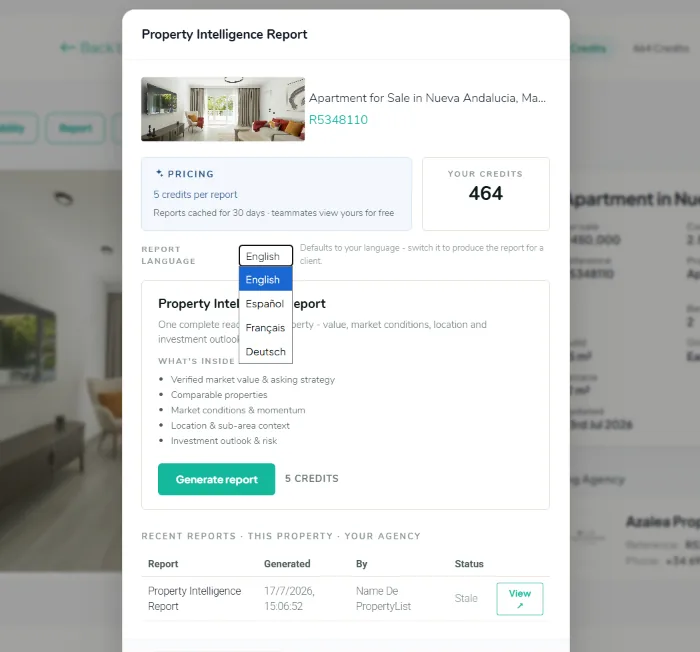 A real Property Intelligence Report page showing notary-verified market data for a listing