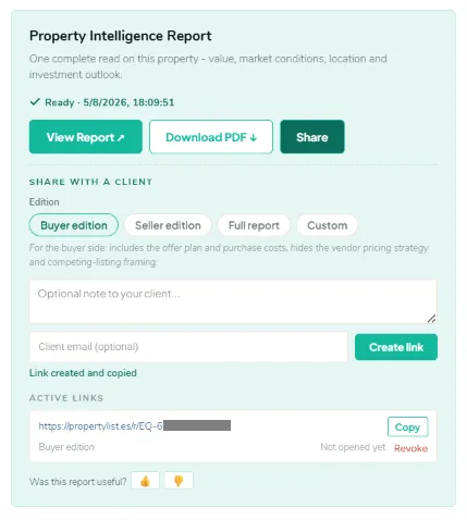 Share panel with Buyer edition, Seller edition, Full report and Custom presets, an optional note, client email field and an active link showing it has not been opened yet