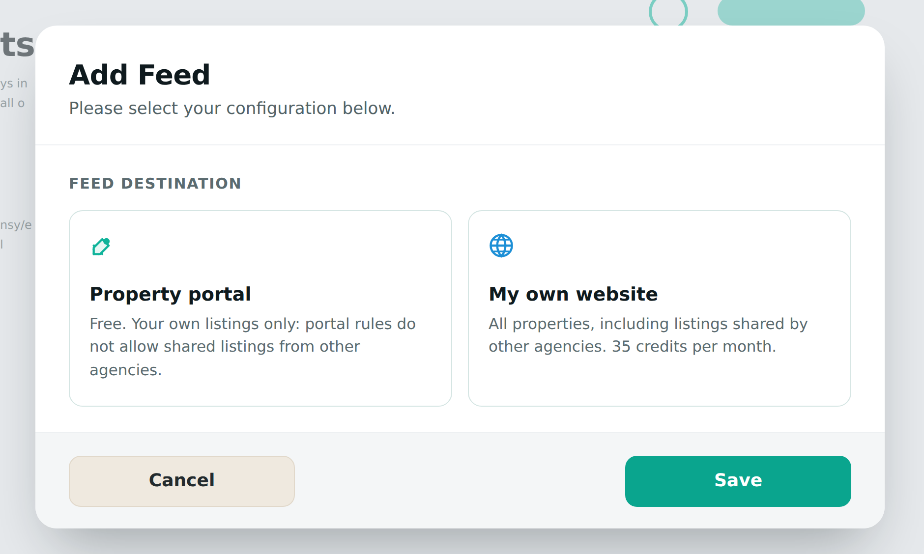 Diálogo Añadir feed con dos tarjetas de destino: Portal inmobiliario (gratis, solo tus anuncios) y Mi propia web (todas las propiedades incluidos los anuncios compartidos, 35 créditos al mes)
