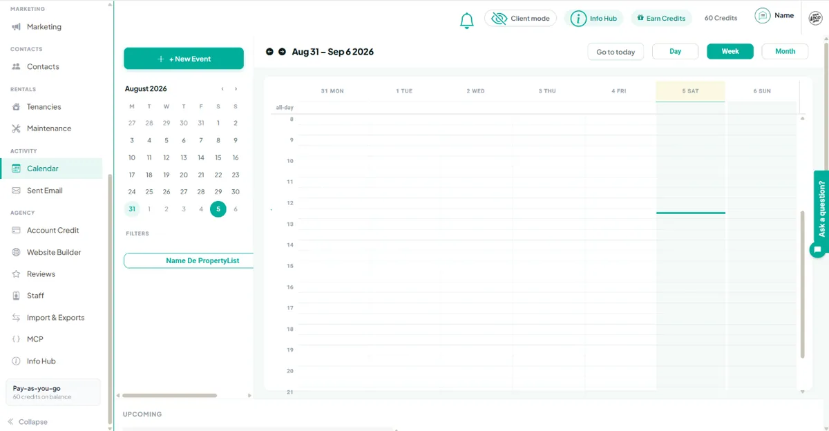 The PropertyList calendar in month view with events