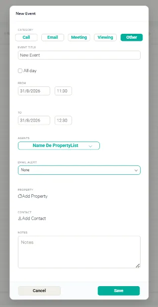 The New Event dialog with category, title, date and time, agents, email alert, property, contact and notes fields, plus Cancel and Save buttons.