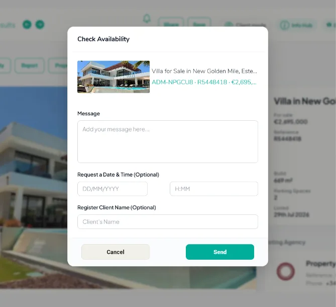 The Check Availability dialog with a message box, optional date and time fields, and an optional client name field