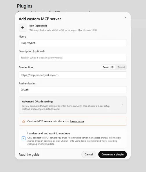 ChatGPT's Add custom MCP server form with the name PropertyList, the server URL https://mcp.propertylist.es/mcp, OAuth authentication and the I understand box ticked
