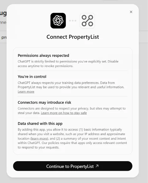 ChatGPT's Connect PropertyList screen with the Continue to PropertyList button
