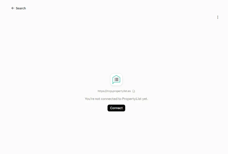 Claude's PropertyList connector page saying You're not connected to PropertyList yet, with a Connect button