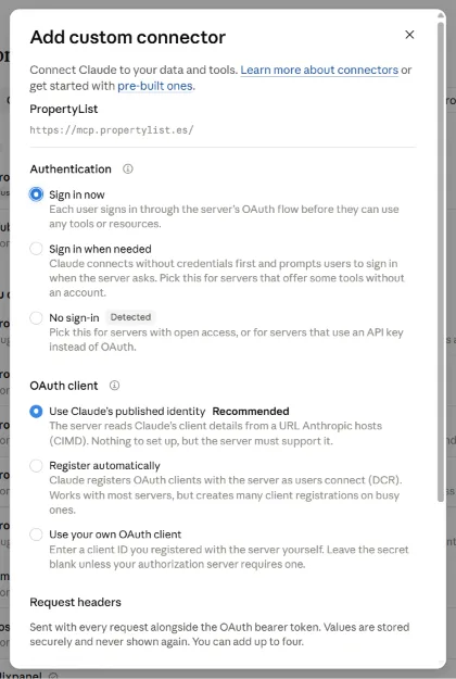 Claude's Add custom connector box with Sign in now selected under Authentication and Use Claude's published identity selected under OAuth client