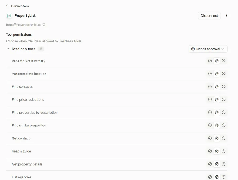 Claude's tool permissions for PropertyList, with read-only tools such as Area market summary and Find contacts set to Needs approval