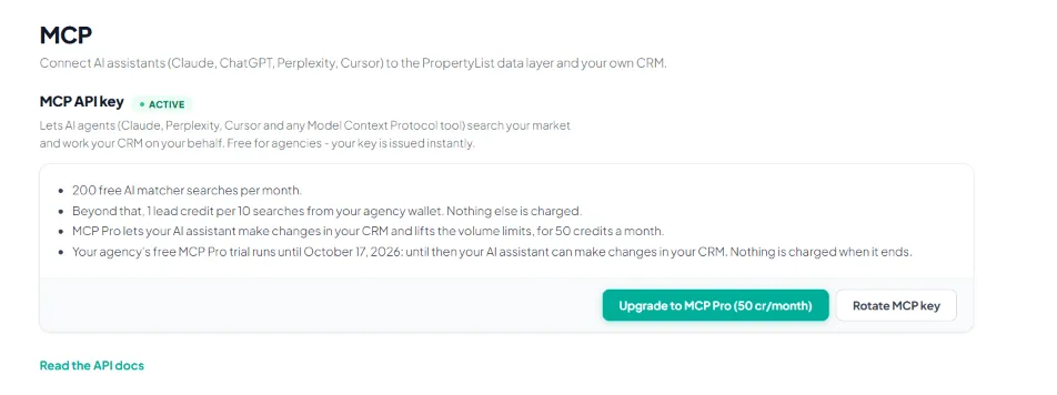 The MCP page in the CRM: the MCP API key marked active, the free allowance, an MCP Pro trial end date and the Upgrade to MCP Pro button