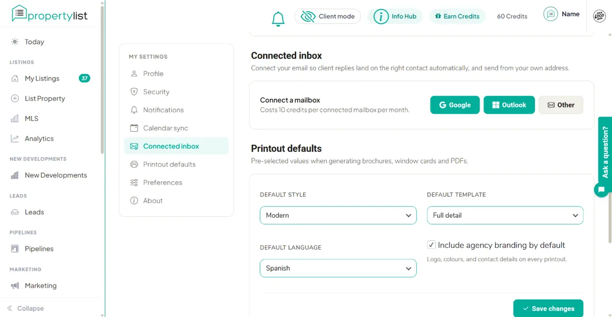 Settings, Connected inbox, with the Google, Outlook and Other buttons and the 10 credit monthly cost