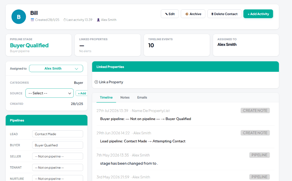 Contact record showing pipeline stage, linked properties and activity timeline