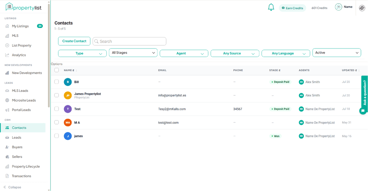 Contacts list with Create Contact button and filters for type, stage and agent