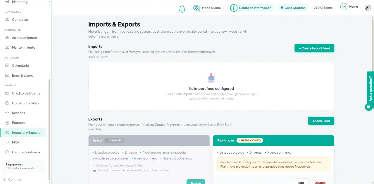 Pantalla de Importar y Exportar en los ajustes de la agencia, con la sección de importaciones sin feeds configurados y la sección de exportaciones mostrando las tarjetas de Kyero y Rightmove.