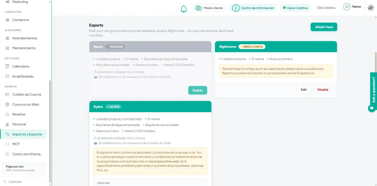 Panel de Exports en Importar y Exportar, con tarjetas de feed para Kyero (deshabilitado), Rightmove (pendiente de configuración) y Kyero (activo), cada una con su estado, fecha de actualización y botones de acción.