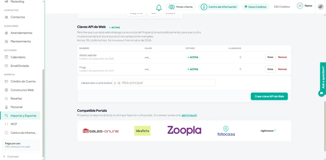 Panel de Importar y Exportar mostrando Claves API de Web, con una tabla de claves creadas y sus llamadas, y la sección Compatible Portals con los logotipos de los portales admitidos.