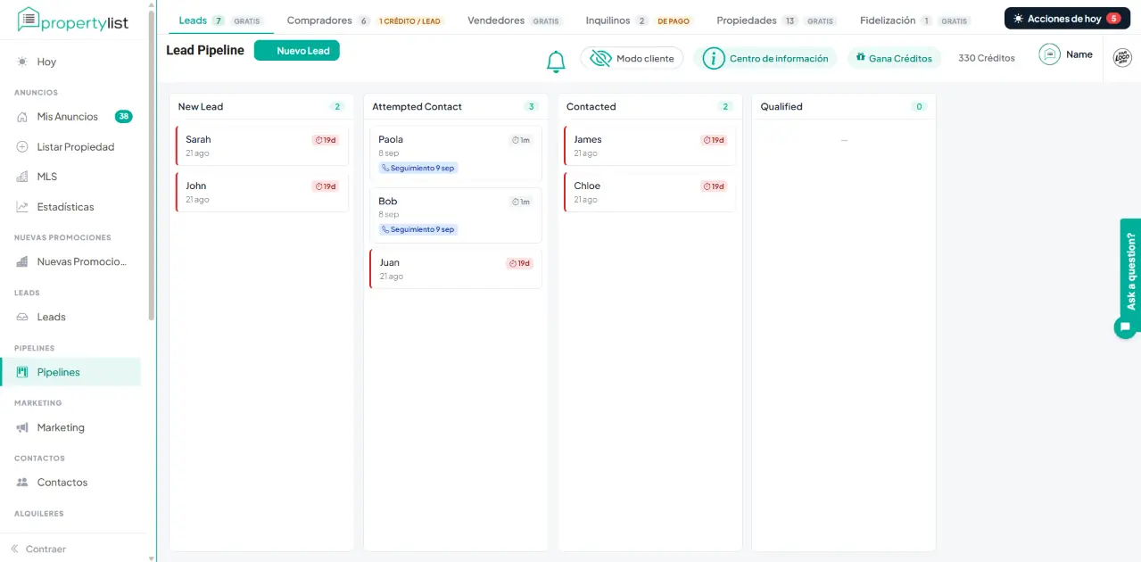 Tablero kanban del Pipeline de Leads en el CRM de PropertyList, con las columnas New Lead, Attempted Contact, Contacted y Qualified y varias tarjetas de contacto en cada una.
