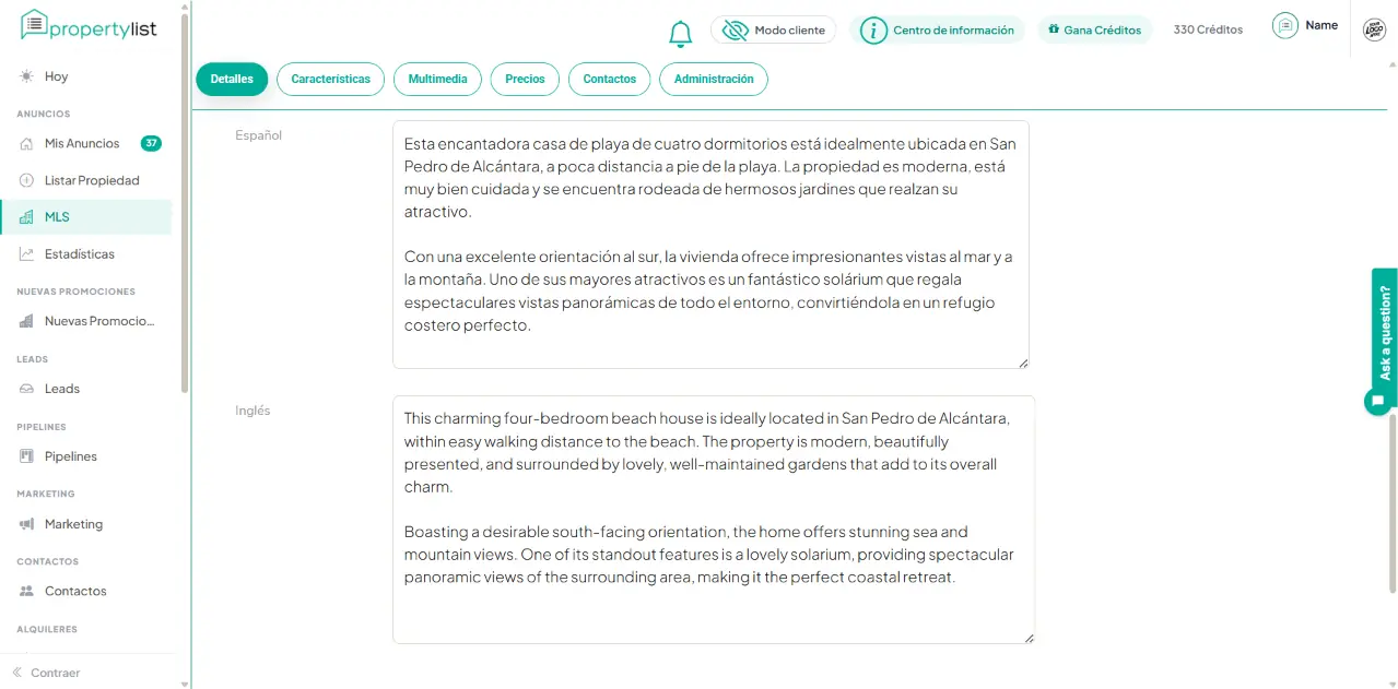 Pestaña Detalles del listado en PropertyList MLS mostrando un borrador de descripción generado por IA, con el texto en español y su traducción al inglés en dos campos separados.