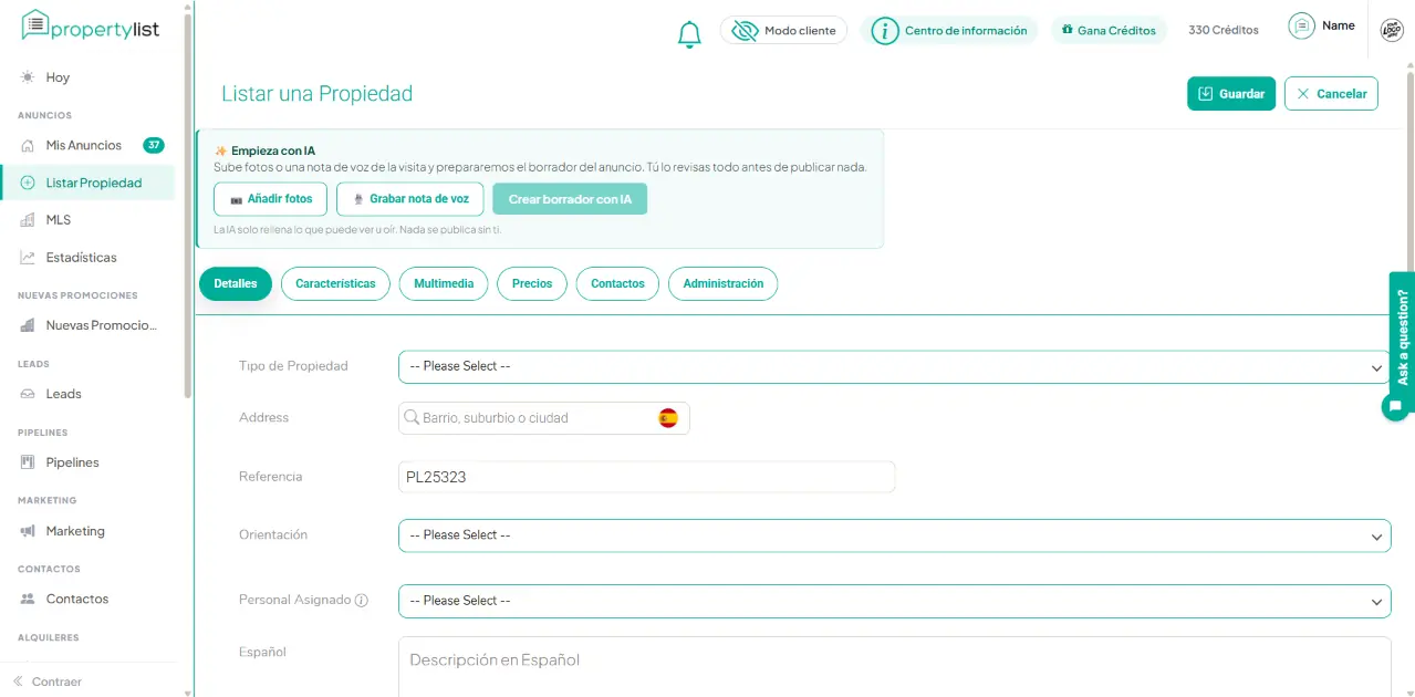 Formulario Listar una Propiedad en la pestaña Detalles, con el panel Empieza con IA arriba y los campos Tipo de Propiedad, Address, Referencia, Orientación y Personal Asignado.