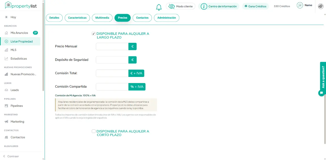 Pestaña Precios con la sección Disponible para alquiler a largo plazo: precio mensual, depósito de seguridad, comisión total y comisión compartida.