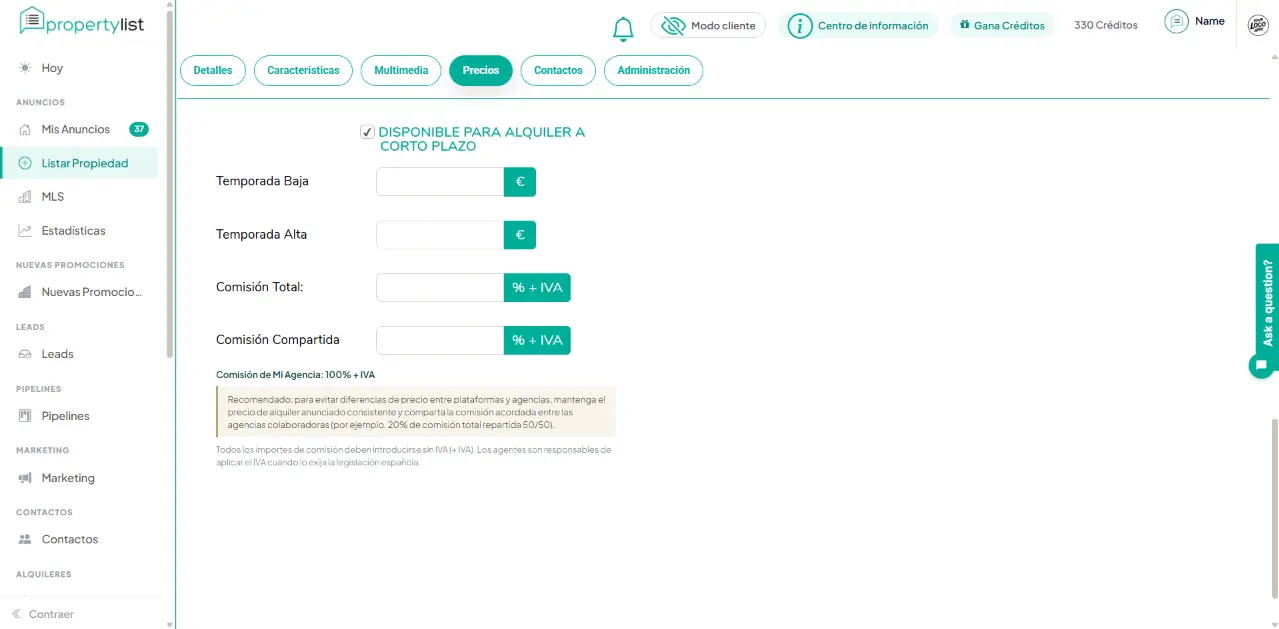 Pestaña Precios del formulario de anuncio con la sección Disponible para alquiler a corto plazo: temporada baja, temporada alta, comisión total y comisión compartida.