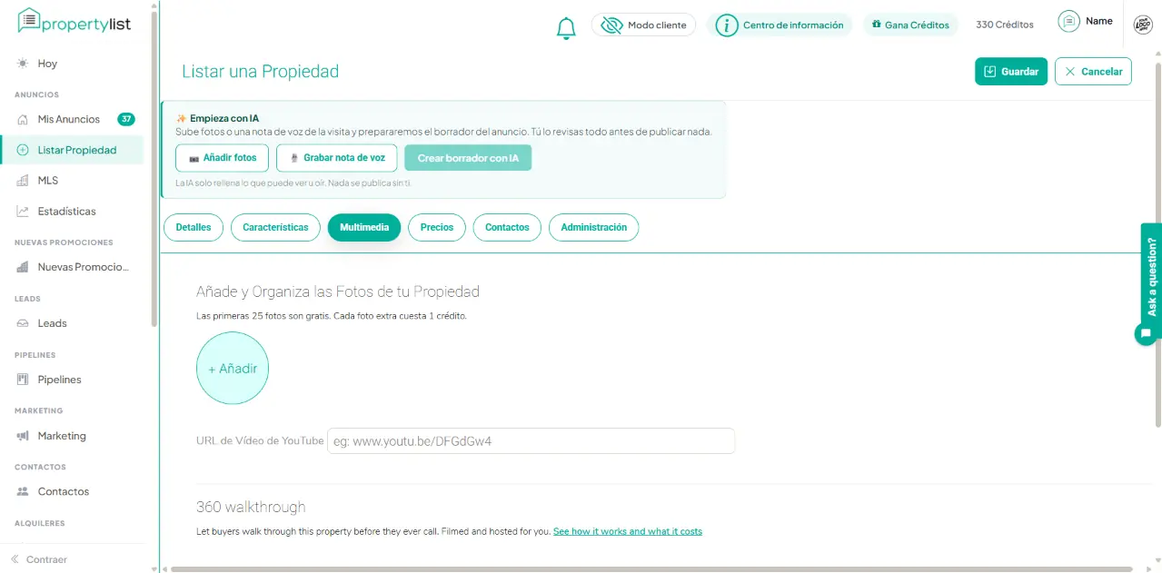 Pestaña Multimedia de un anuncio nuevo en Listar una Propiedad, con el botón Añadir para fotos, el campo de URL de vídeo de YouTube y la sección de 360 walkthrough