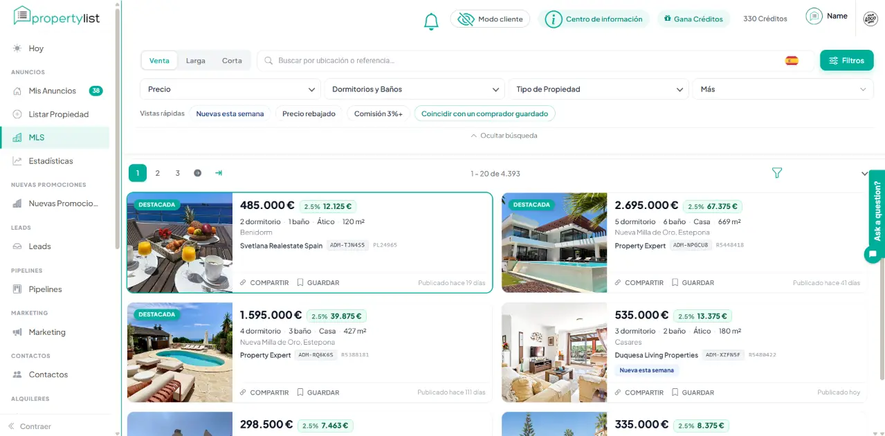Captura de pantalla del MLS de PropertyList en la pestaña Venta, con la barra de búsqueda por ubicación o referencia, el botón Filtros, la fila de Vistas rápidas y la cuadrícula de resultados con fichas de propiedades.