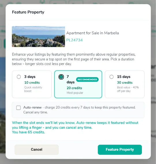 The Feature Property panel showing 3 days for 10 credits, 7 days for 20 credits marked recommended, and 15 days for 30 credits