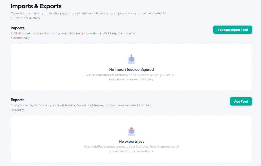 Imports and Exports screen showing Create Import Feed and Add Feed buttons