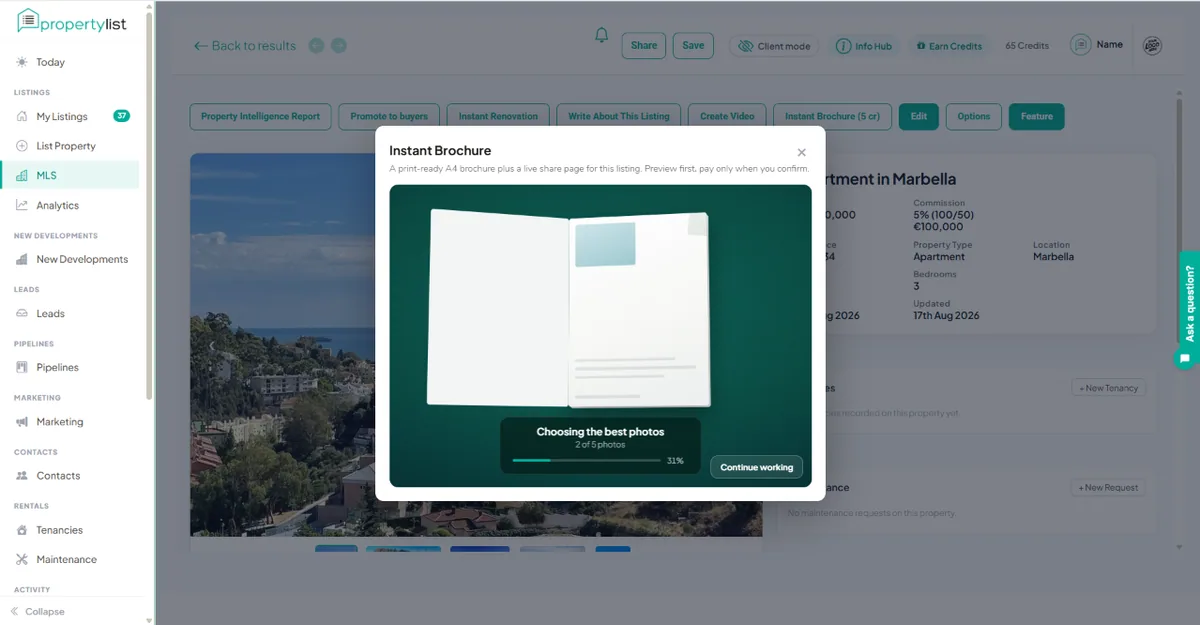 The Instant Brochure progress screen showing photos being chosen, with a Continue working option