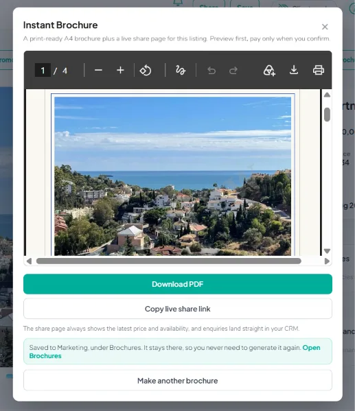 The finished brochure preview with Download PDF and Copy live share link buttons