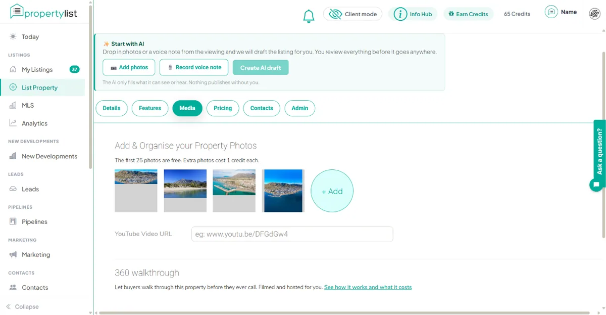 The Media tab of a listing showing the photo grid with drag handles and the lead photo first