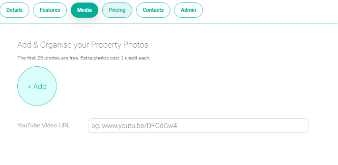 Media tab showing Add photos button and YouTube video URL field