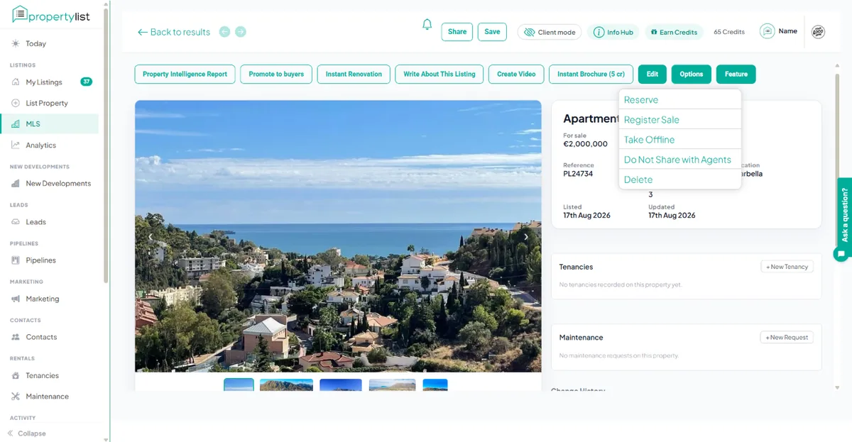 El men&uacute; Options abierto en un anuncio, con Reserve, Register Sale, Take Offline, Do Not Share with Agents y Delete