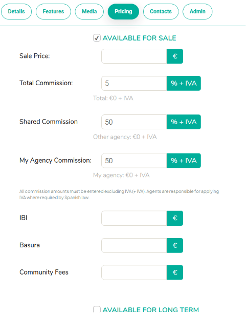 Pricing tab with sale price, total commission and shared commission fields