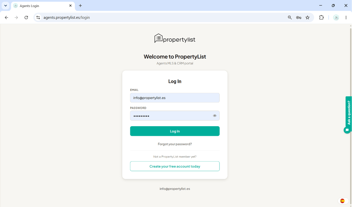 PropertyList agent login screen