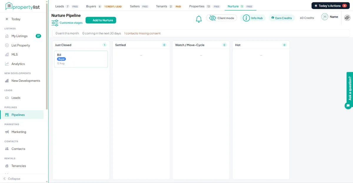 El tablero de Nurture con contactos en seguimiento