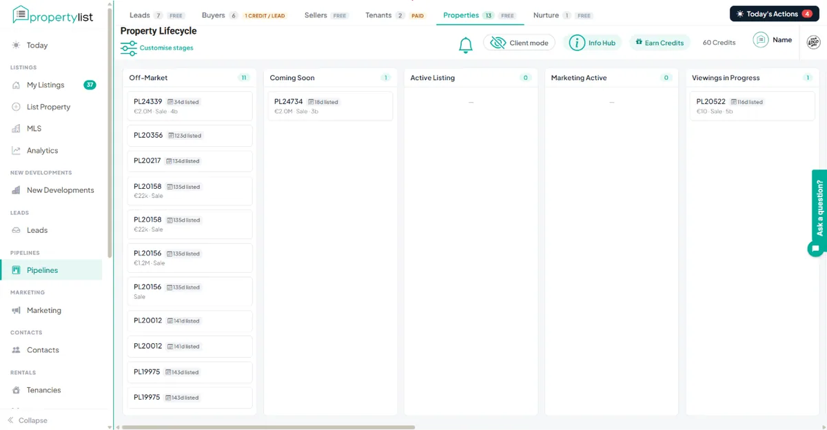 Property pipeline board showing the Off-Market, Coming Soon, Active Listing, Marketing Active and Viewings in Progress columns, with cards in three of them and two empty.
