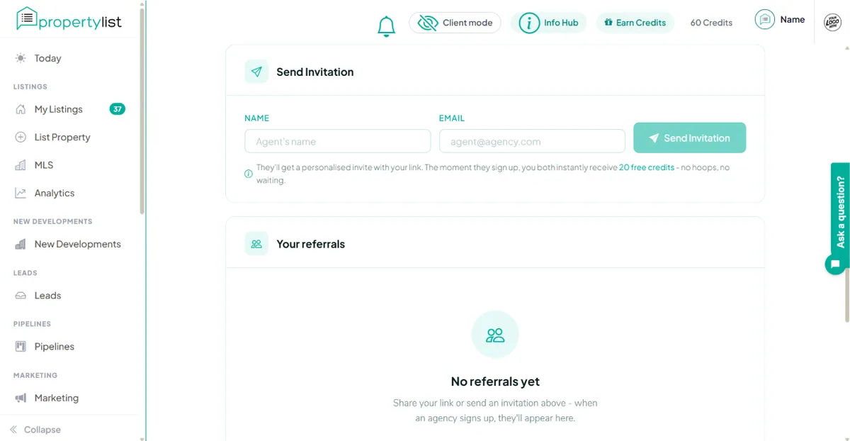 The Referrals page showing the share link and the list of pending and approved referrals